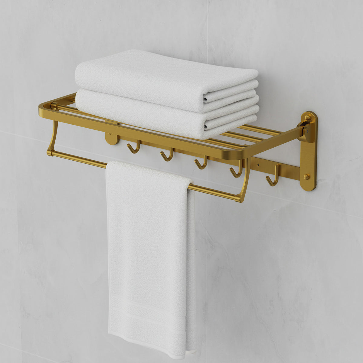 Foldable Wall-Mounted Towel Rack with Shelf and Five Hooks