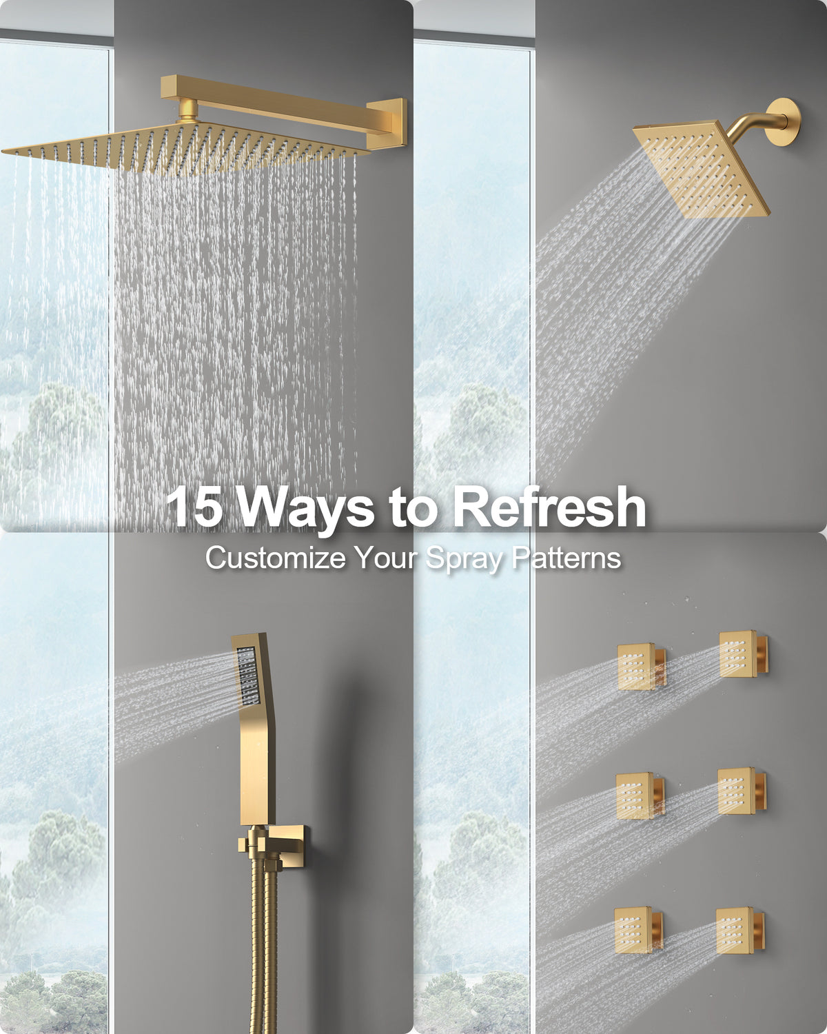 Wall-Mounted Rainfall Shower System with Body Jets and Handheld Spray