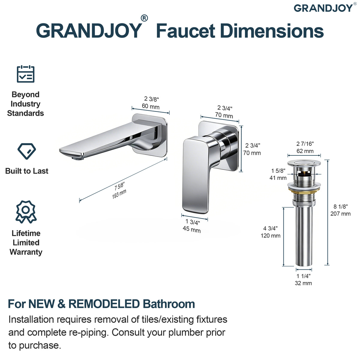 Single-Handle Wall-Mount Bathroom Sink Faucet With Pop-Up Drain