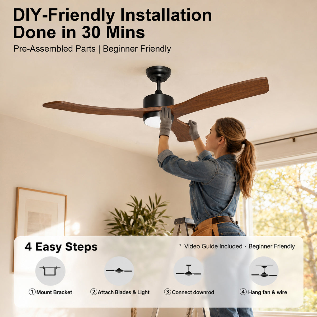 52-Inch Downrod Mount 3-Blade Ceiling Fan with Light and Remote Control