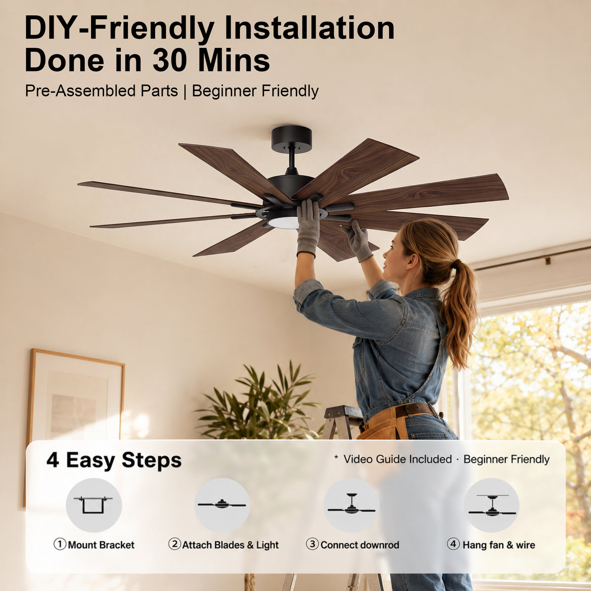 72-Inch Downrod Mount 8-Blade Ceiling Fan with Light and Remote Control