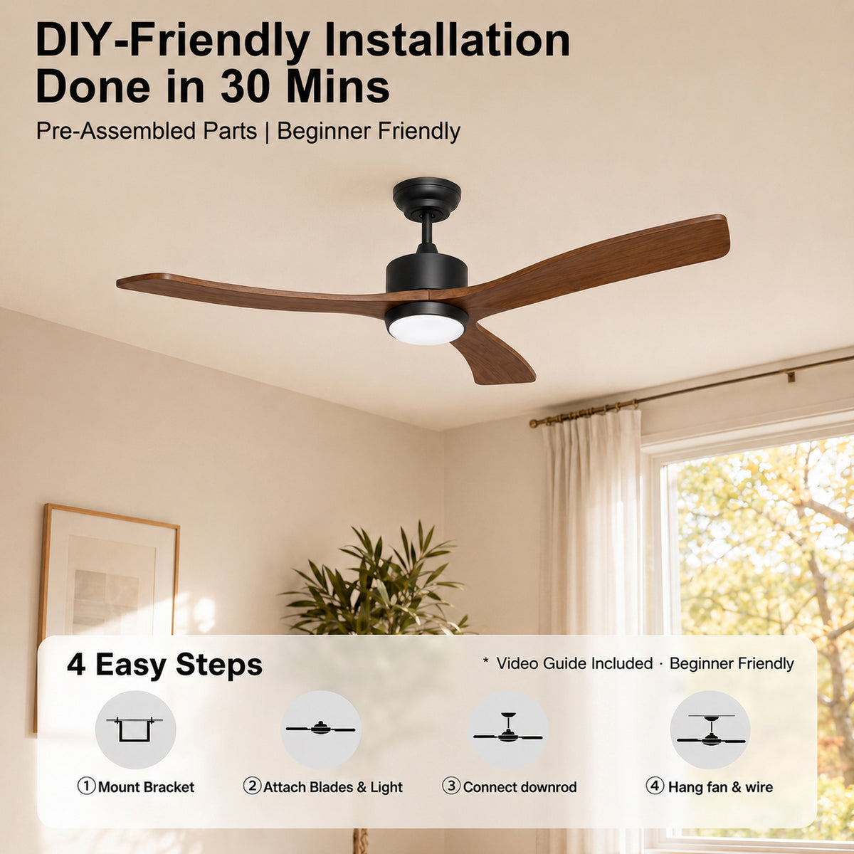 52-Inch Downrod Mount 3-Blade Ceiling Fan with Light and Remote Control