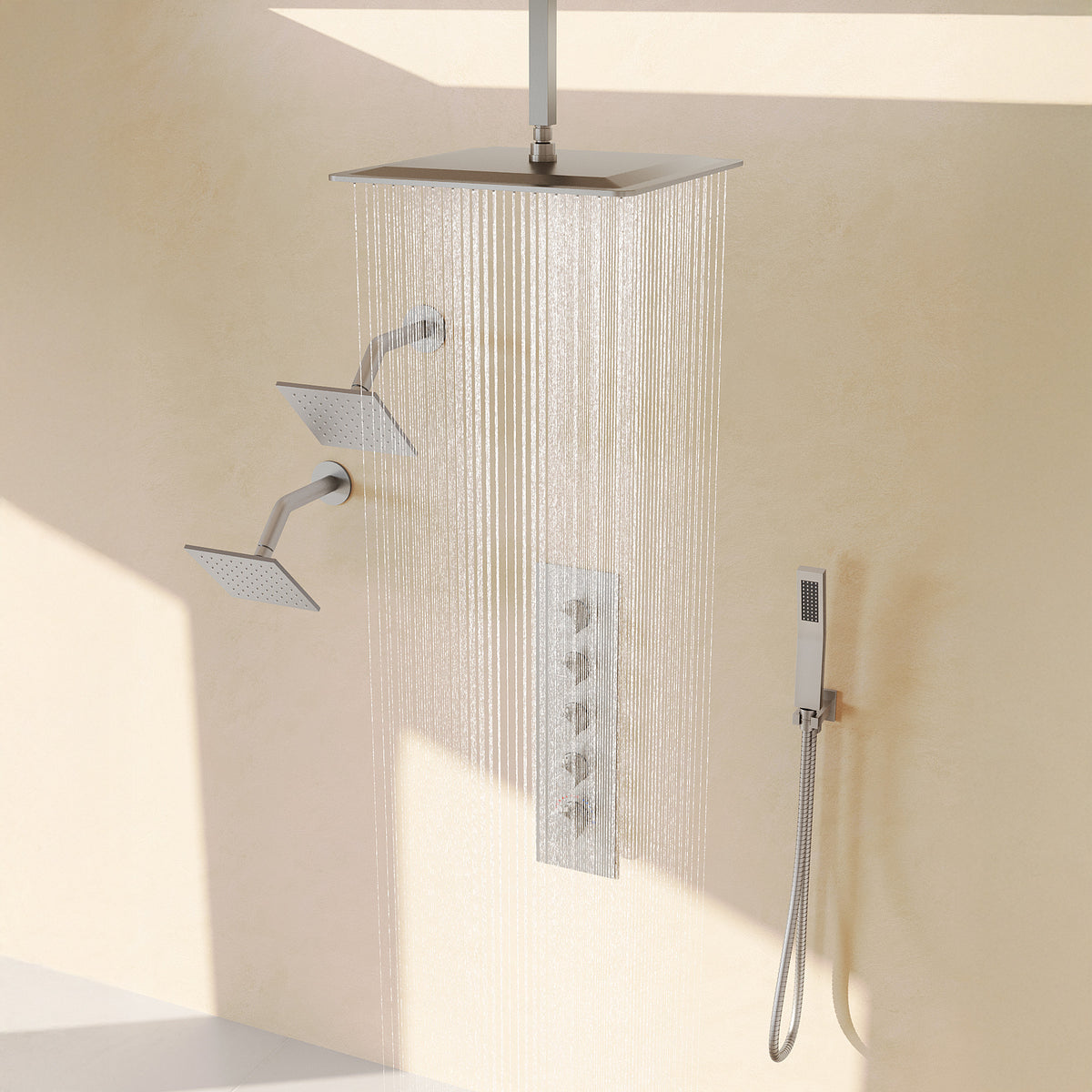 Ceiling-Mounted Triple-Head Shower System with Adjustable Handheld Spray
