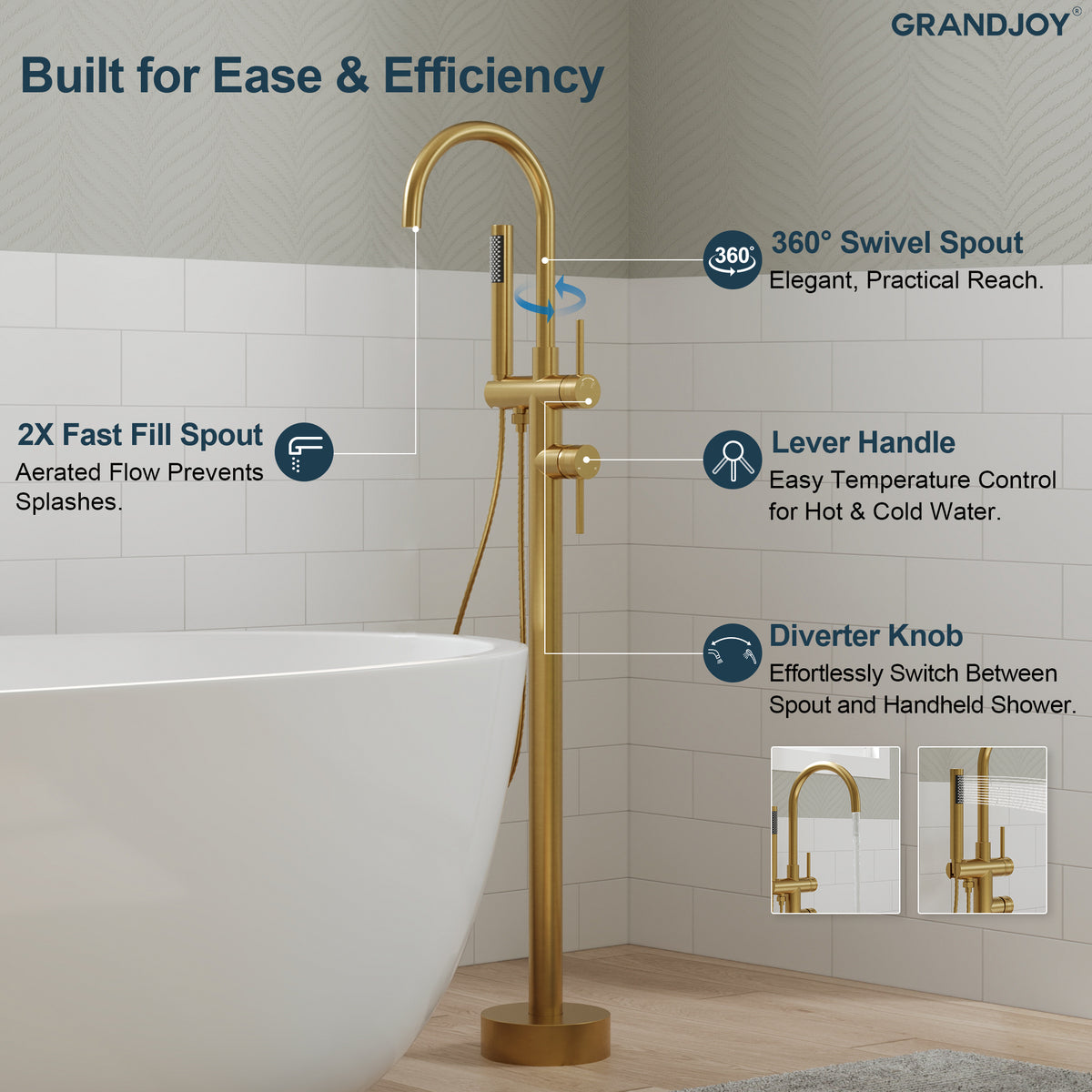 High-Arc Floor-Mounted Freestanding Bathtub Faucet with Hand Shower and Swivel Spout