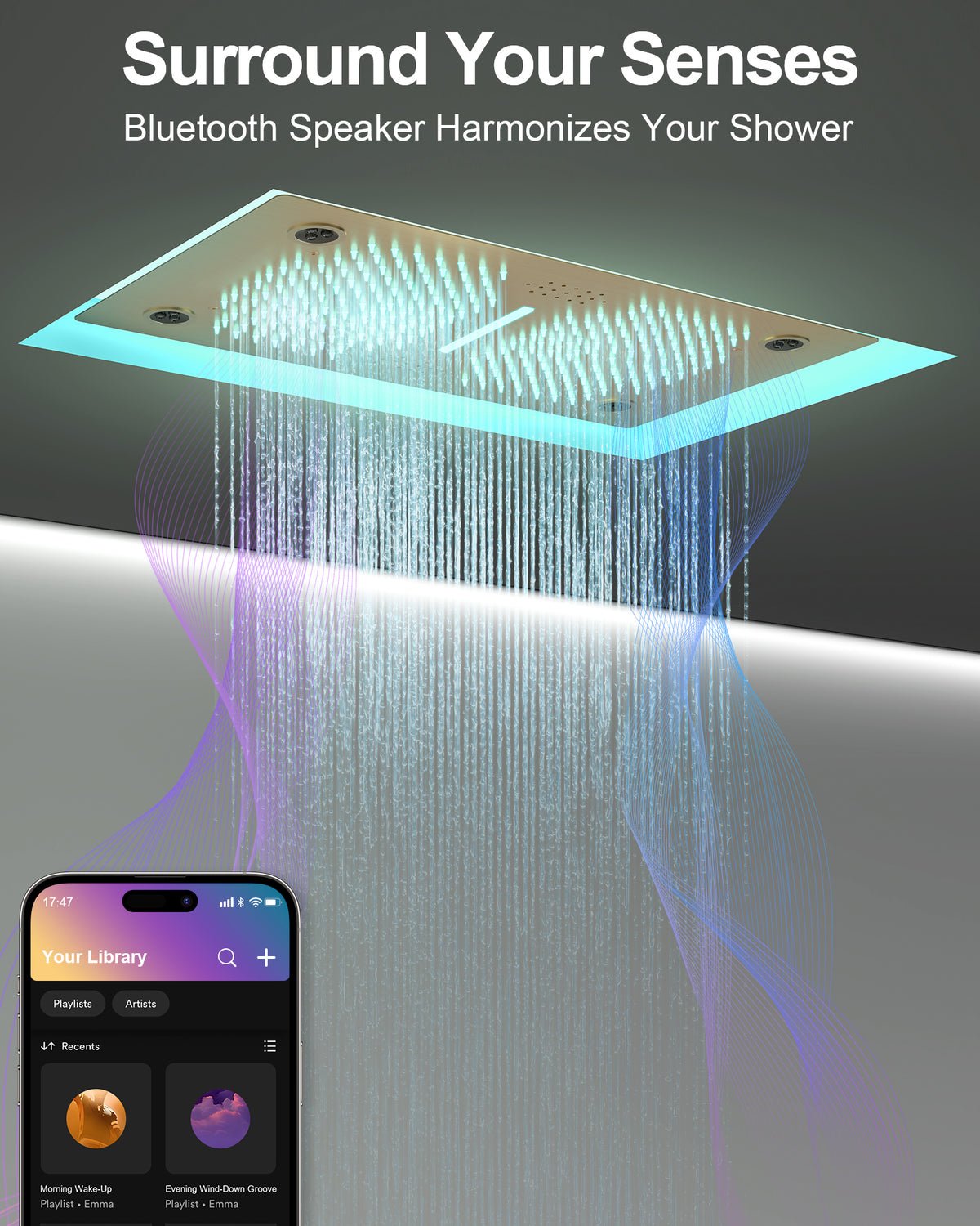 LED Bluetooth Dual-Head Ceiling-Mounted Shower System with Body Jets