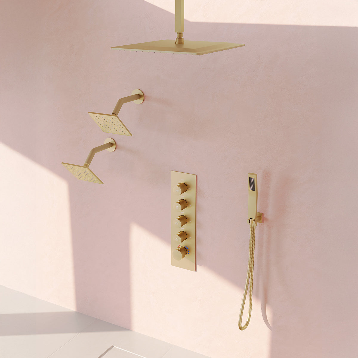 Ceiling-Mounted Triple-Head Shower System with Adjustable Handheld Spray