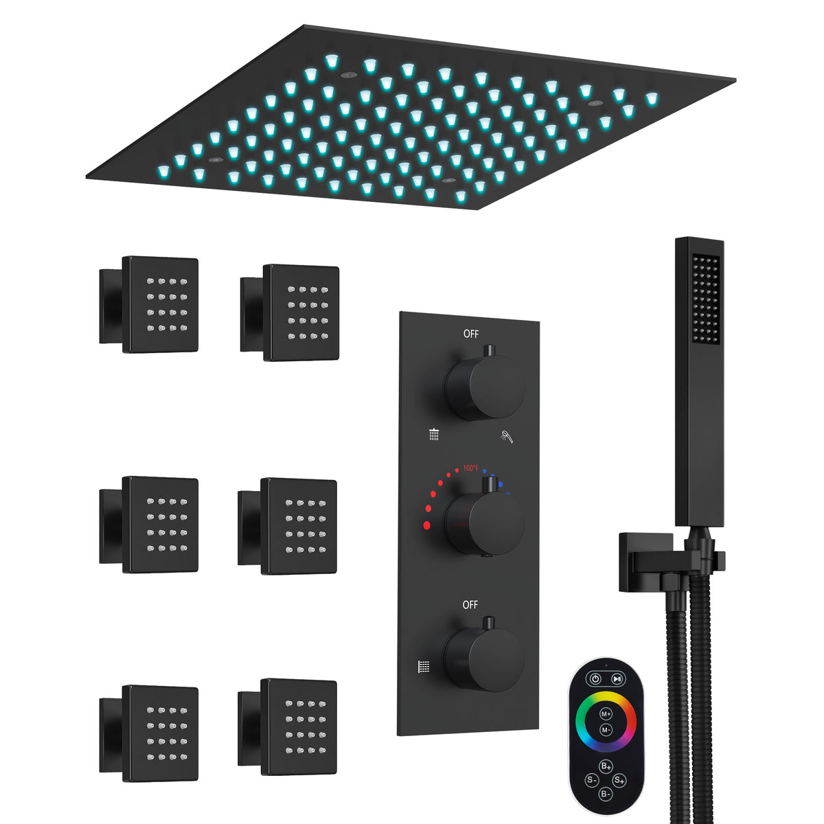 LED Ceiling-Mounted Thermostatic Shower System with Body Jets and Handheld