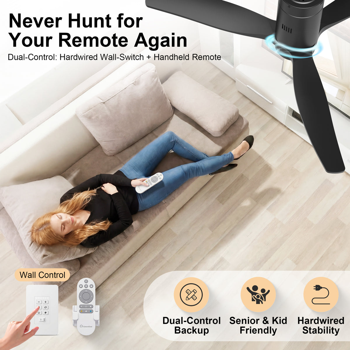 52-Inch Flush-Mount 3-Blade Ceiling Fan with Light, Wall Control and Remote