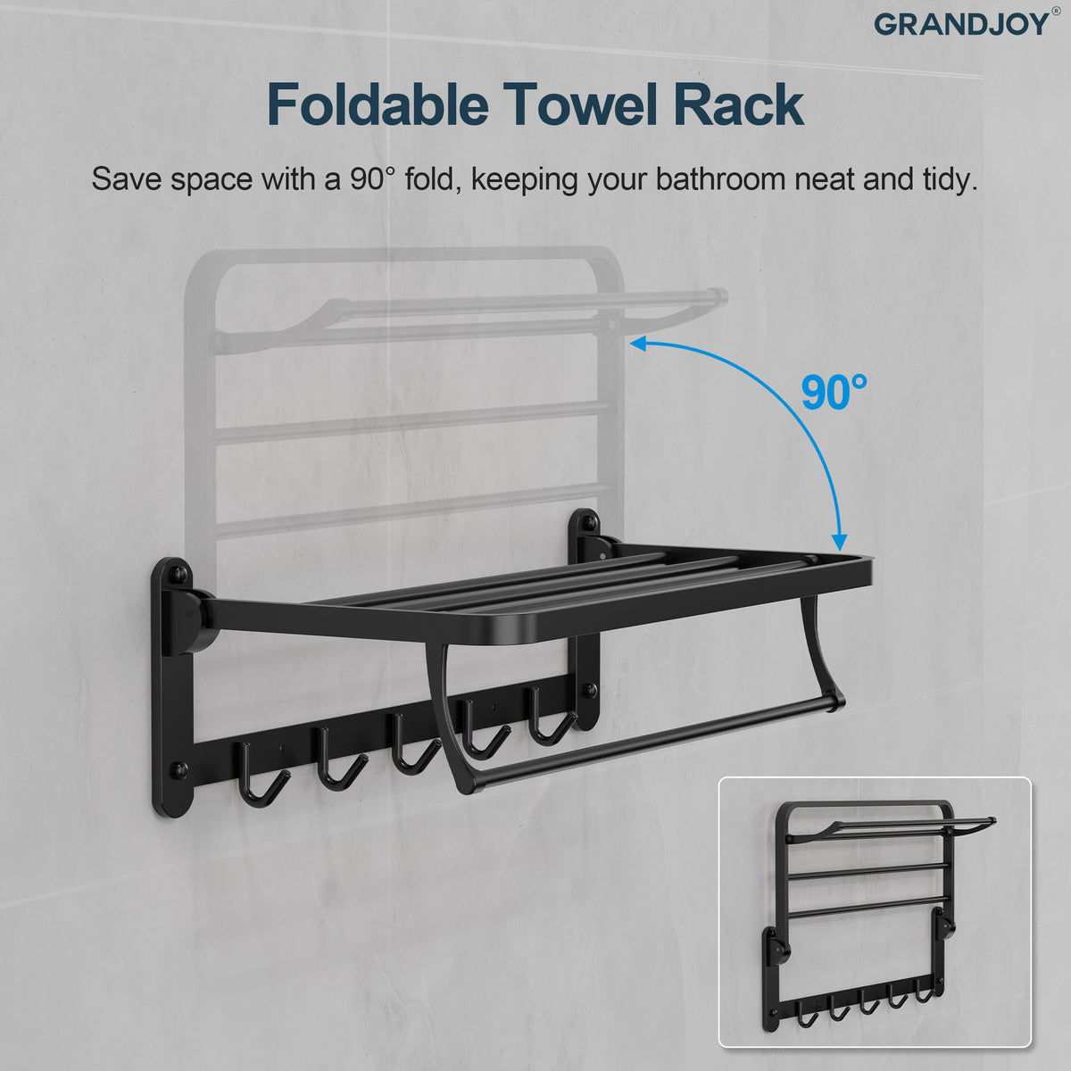 Foldable Wall-Mounted Towel Rack with Shelf and Five Hooks