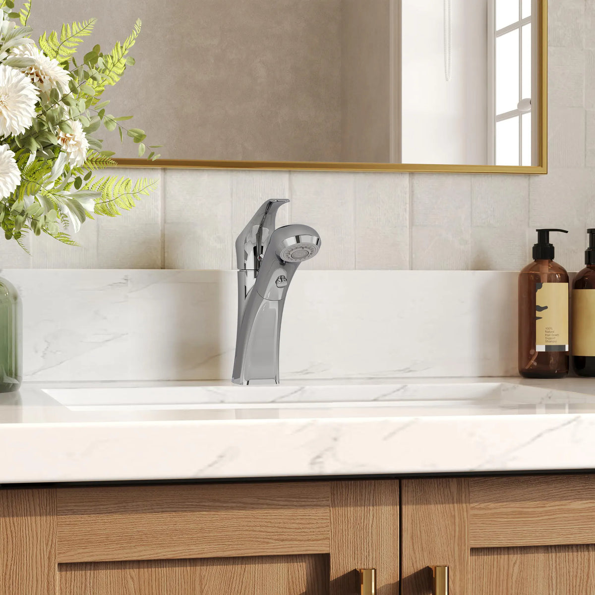 Single-Handle Pull-Out Bathroom Sink Faucet With Dual Spray Modes And Pop-Up Drain