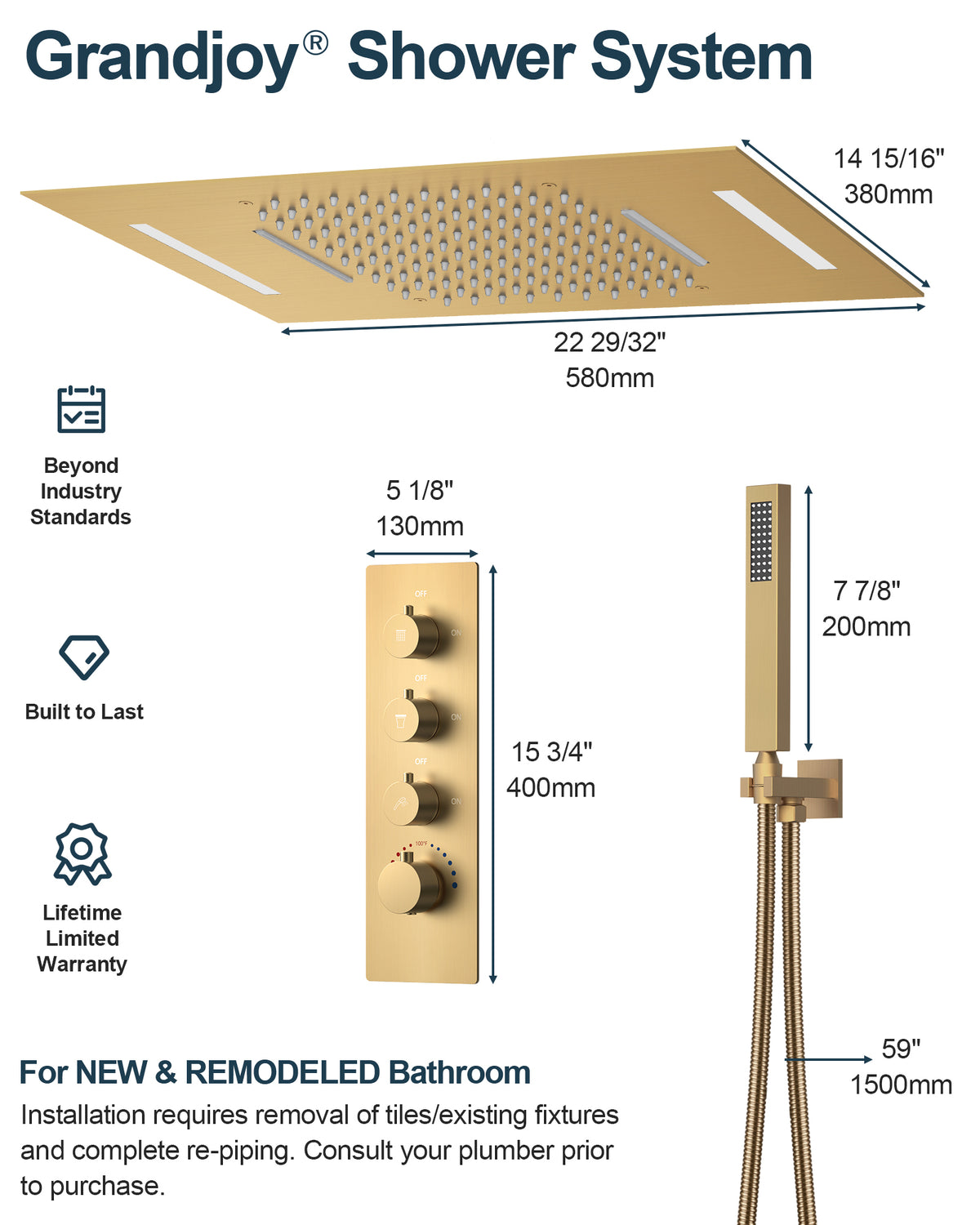 LED Ceiling-Mounted Thermostatic Rainfall and Waterfall Shower System