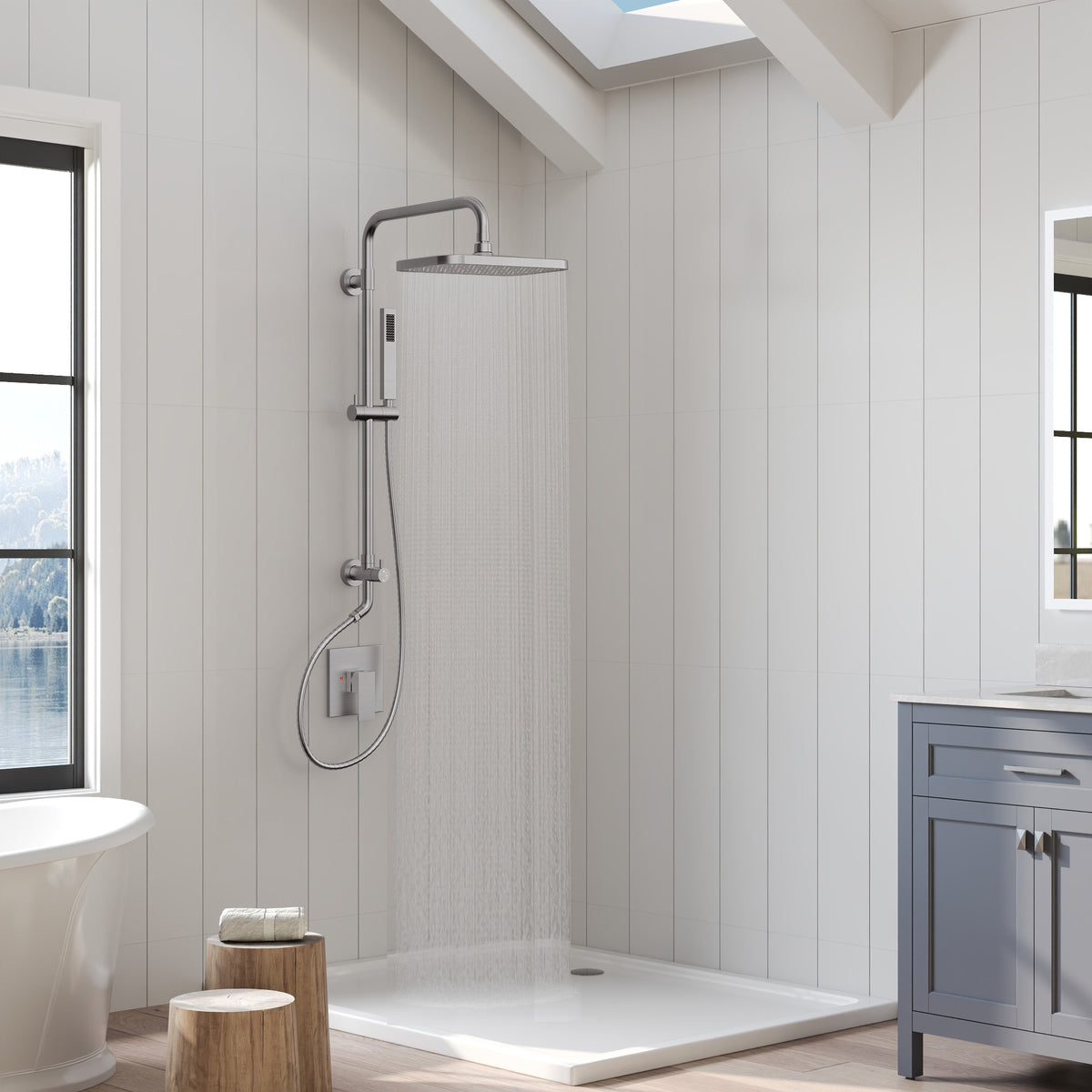 Exposed Shower System with Wide Rain Head and Handheld Spray