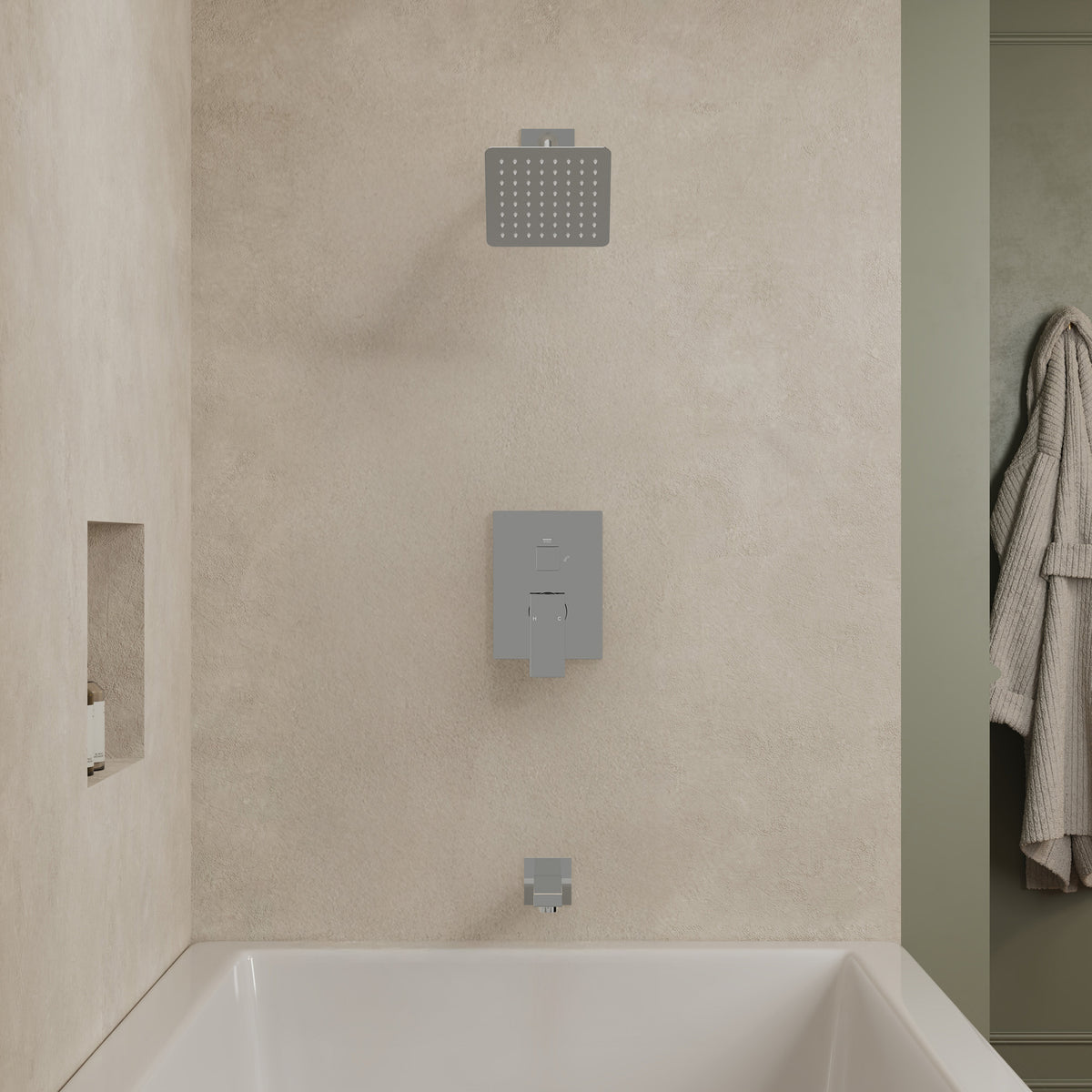 Square Wall-Mounted Shower System with Pressure-Balanced Tub Spout