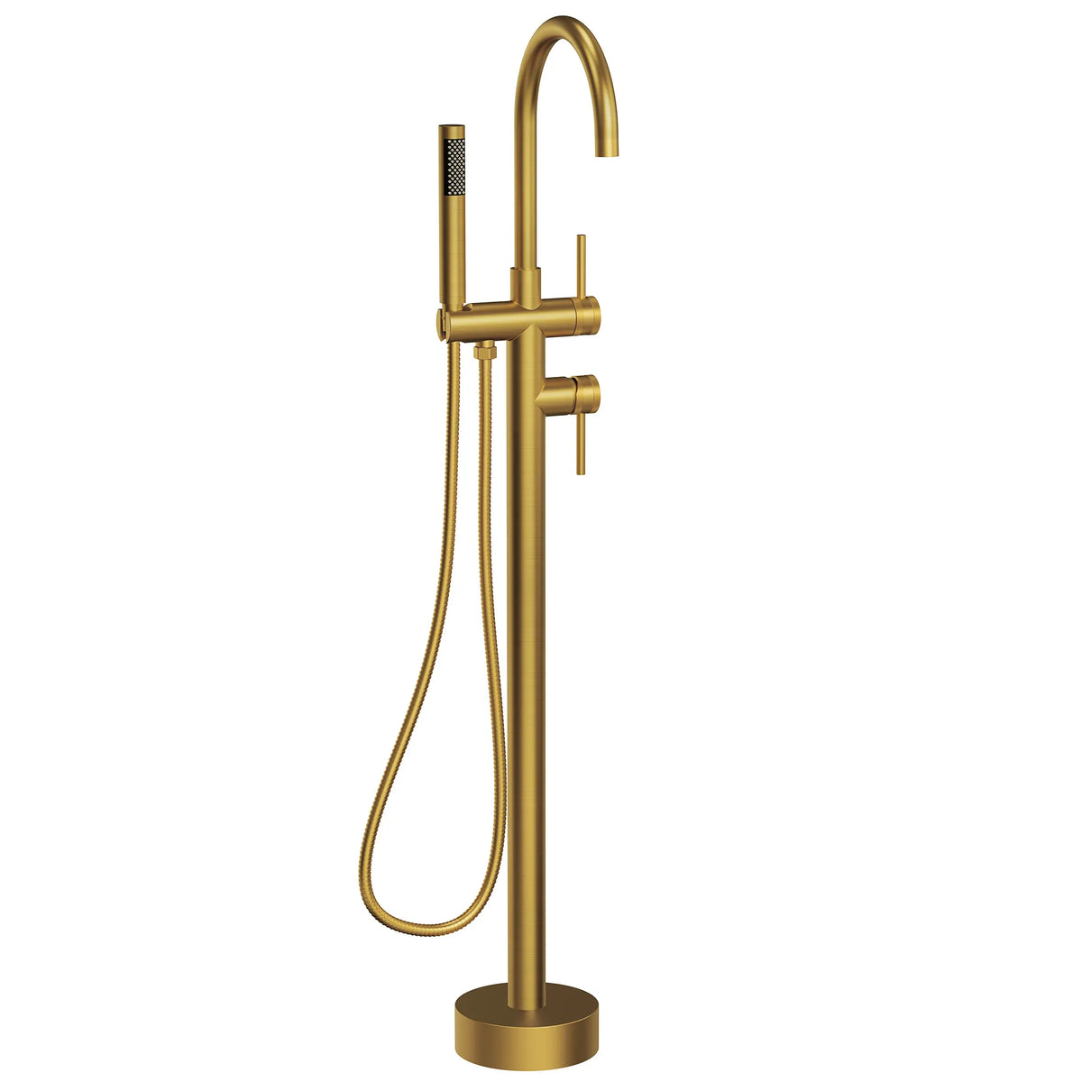 High-Arc Floor-Mounted Freestanding Bathtub Faucet with Hand Shower and Swivel Spout