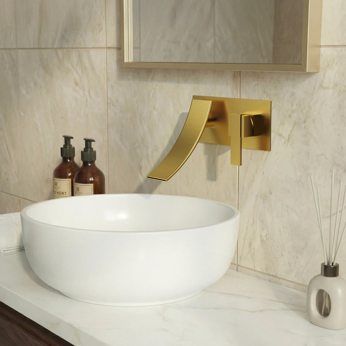 Single-Handle Wall-Mount Bathroom Sink Faucet With Waterfall Spout And Pop-Up Drain