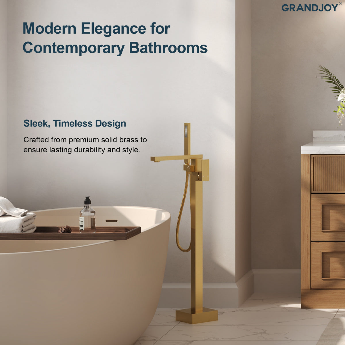 Freestanding Floor-Mounted Bathtub Faucet with Hand Shower and Swivel Spout