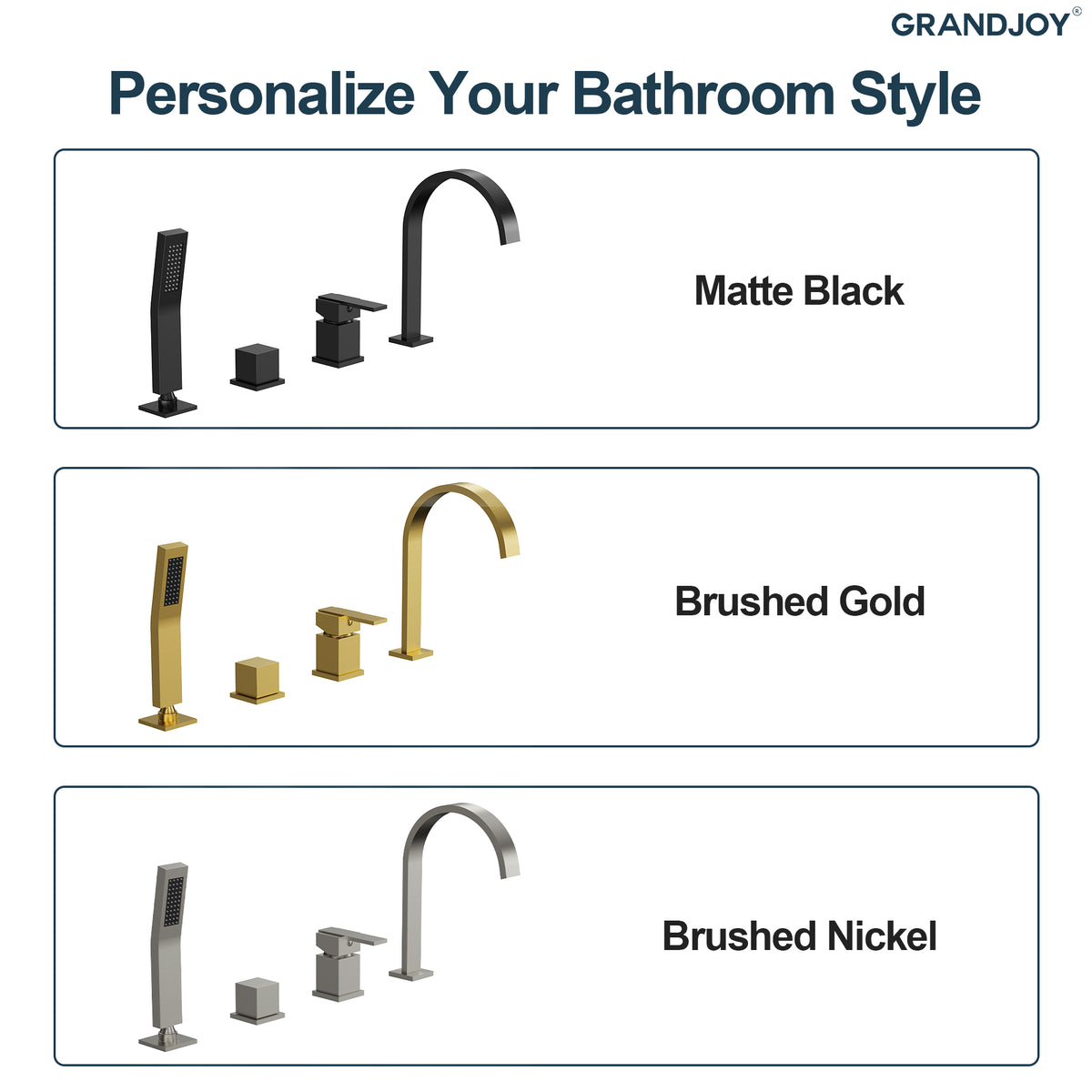 Deck-Mounted Waterfall Bathtub Faucet with Dual Handles and Hand Shower