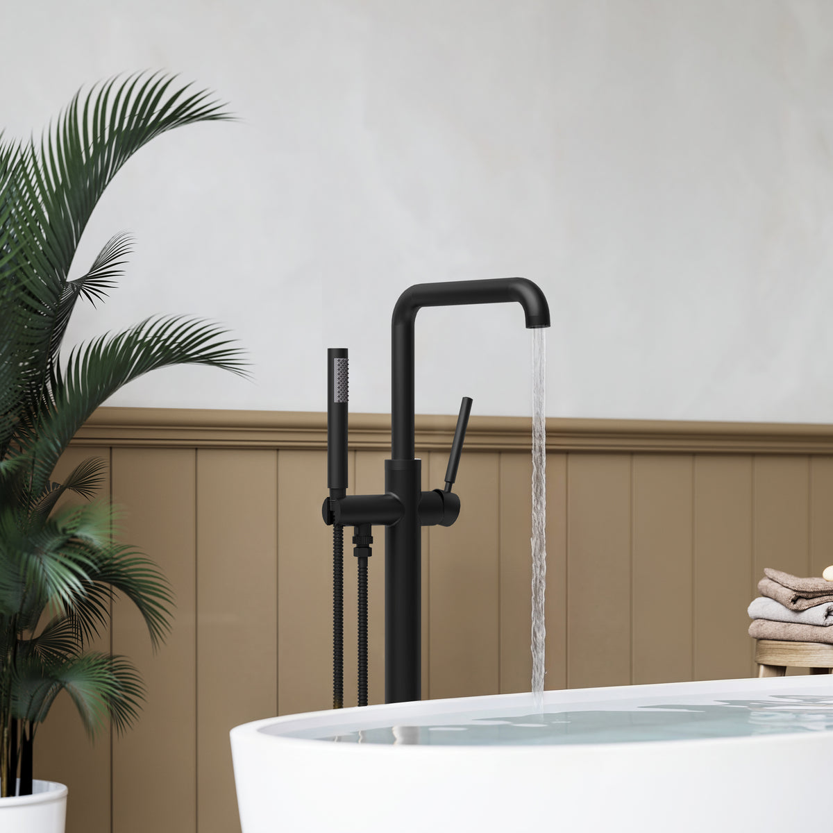 Floor-Mounted Bathtub Faucet with Swivel Spout and Hand Shower