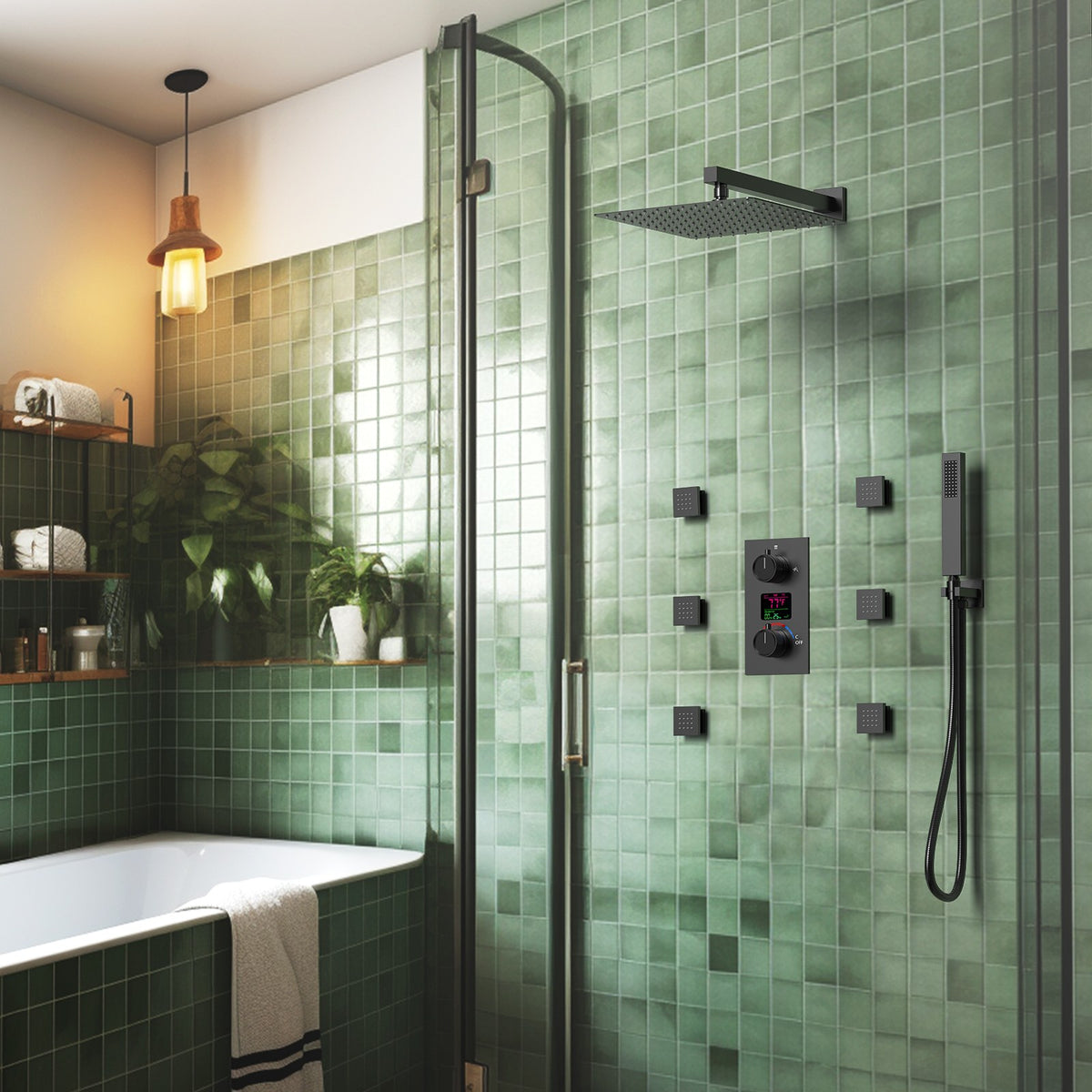 LED Wall-Mounted Shower System with Six Body Jets and Handheld