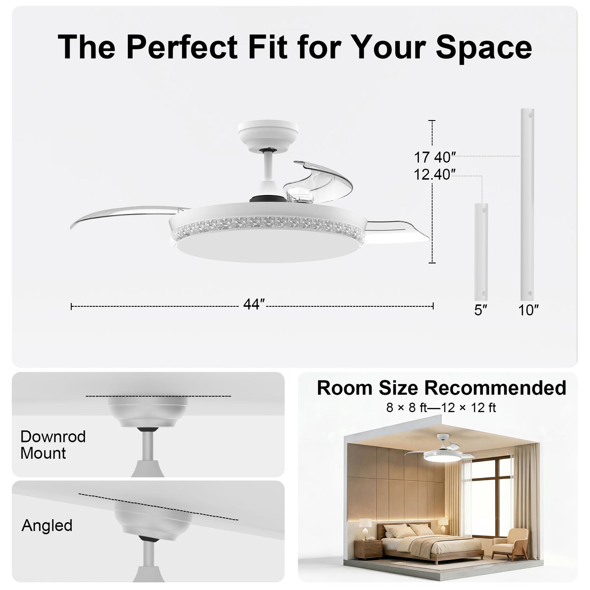 44-Inch Downrod Mount 4-Blade Retractable Ceiling Fan with Light and Remote Control