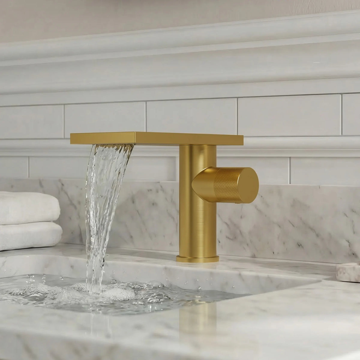 Single-Handle Bathroom Sink Faucet With Waterfall Spout And Pop-Up Drain