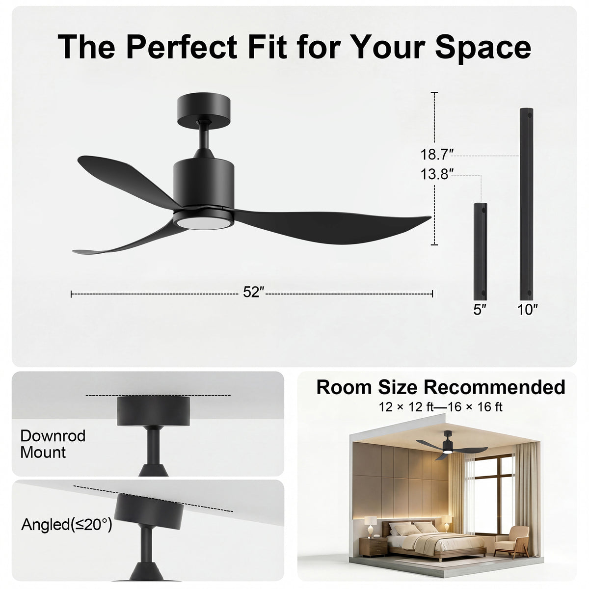 52-Inch Downrod Mount 3-Blade Ceiling Fan with Light and Remote Control