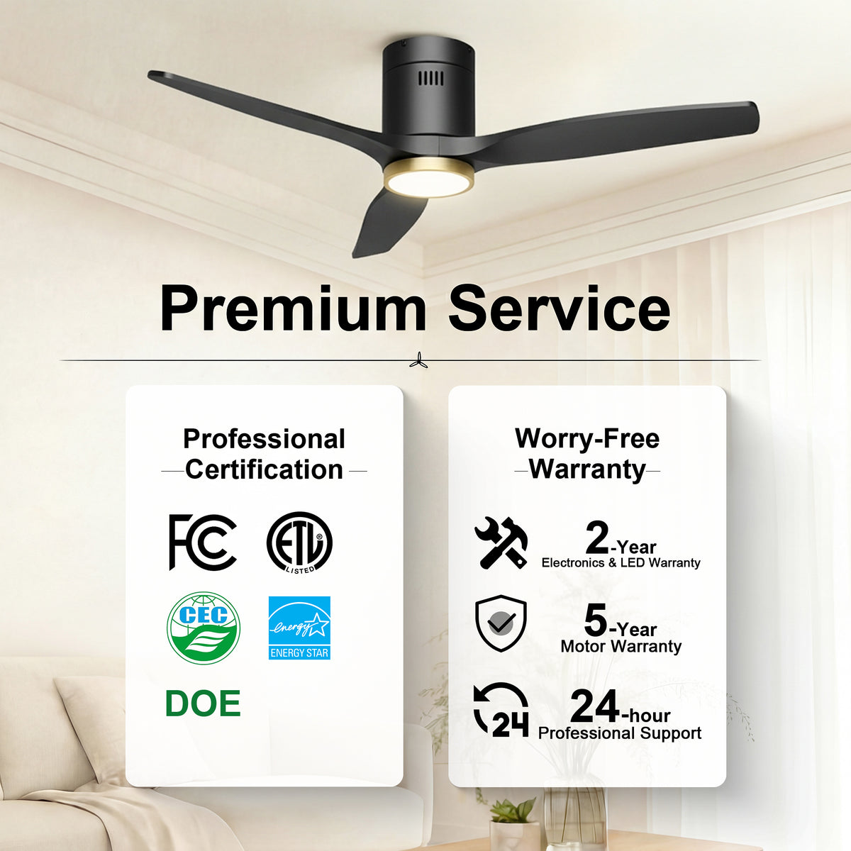 52-Inch Flush-Mount 3-Blade Ceiling Fan with Light, Wall Control and Remote