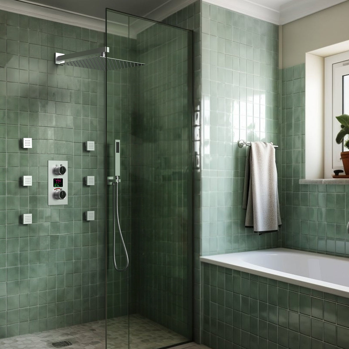 LED Wall-Mounted Shower System with Six Body Jets and Handheld