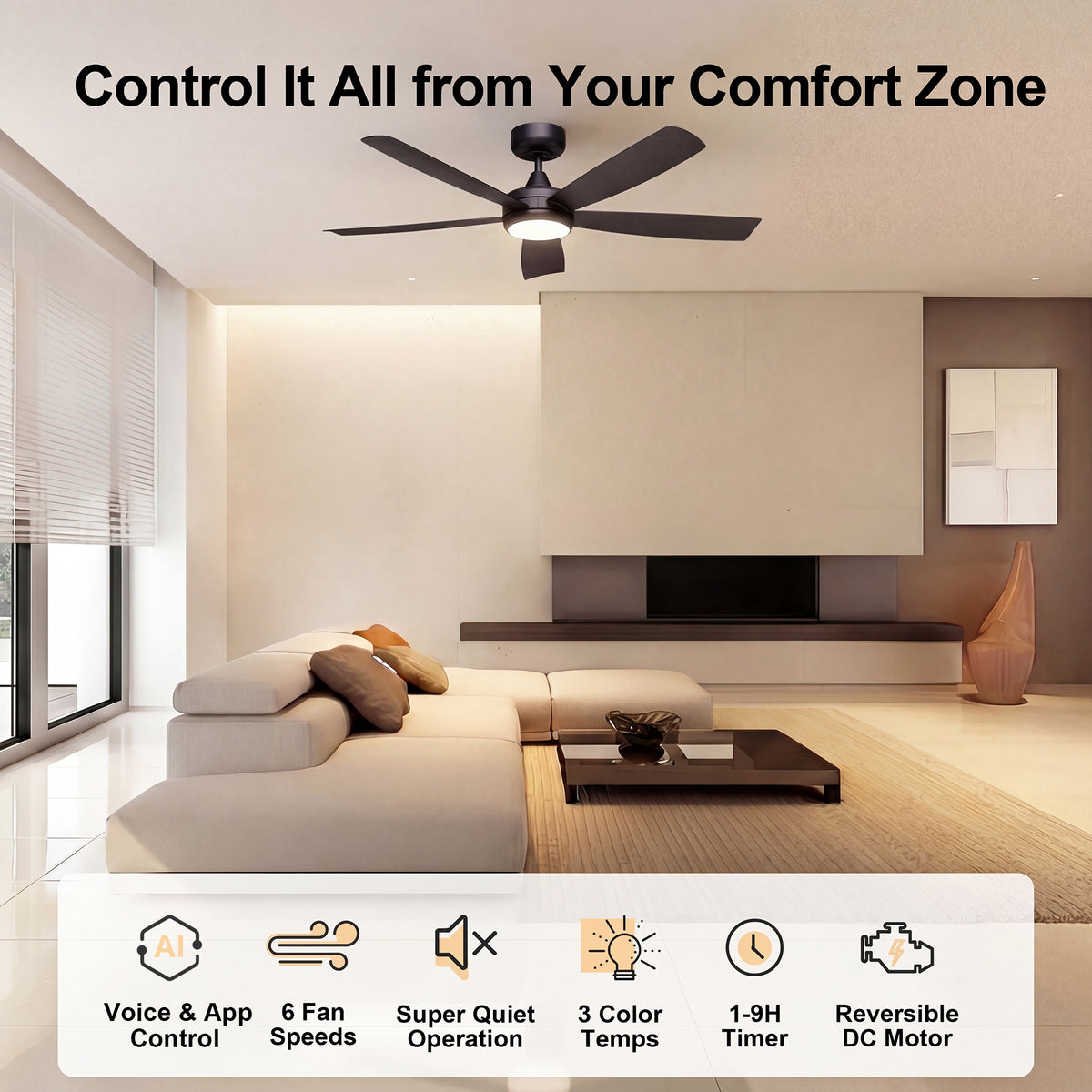 52-Inch Flush Mount 5-Blade Ceiling Fan with Light and Smart Control