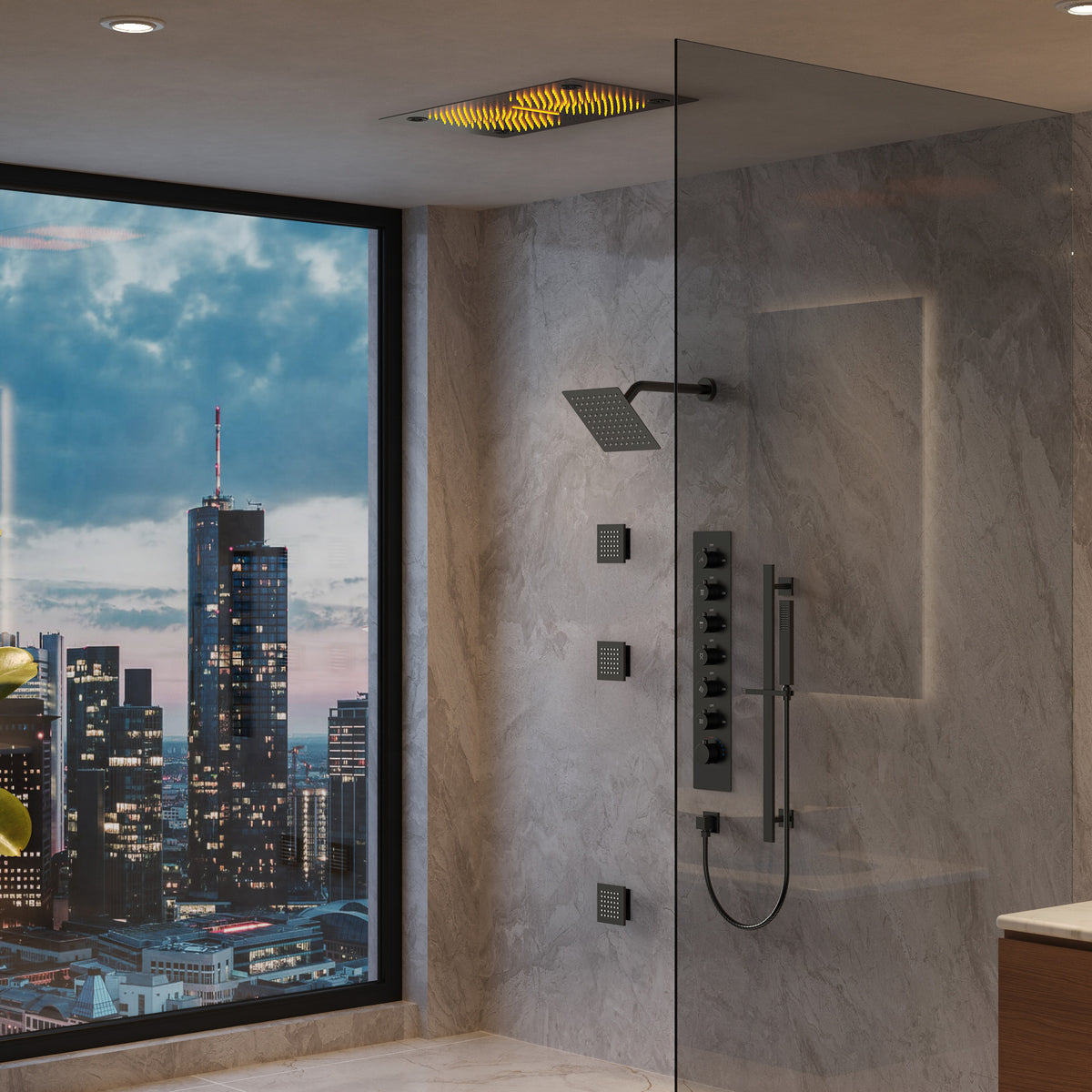 LED Bluetooth Dual-Head Ceiling-Mounted Shower System with Body Jets