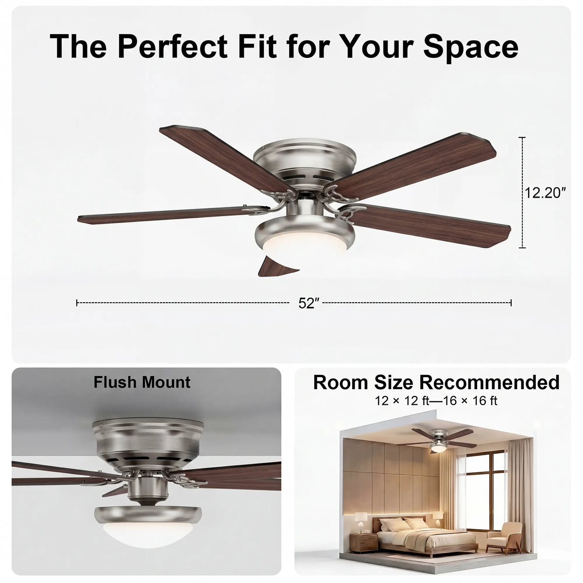 52-Inch Flush Mount 5-Blade Ceiling Fan with Light and Remote Control