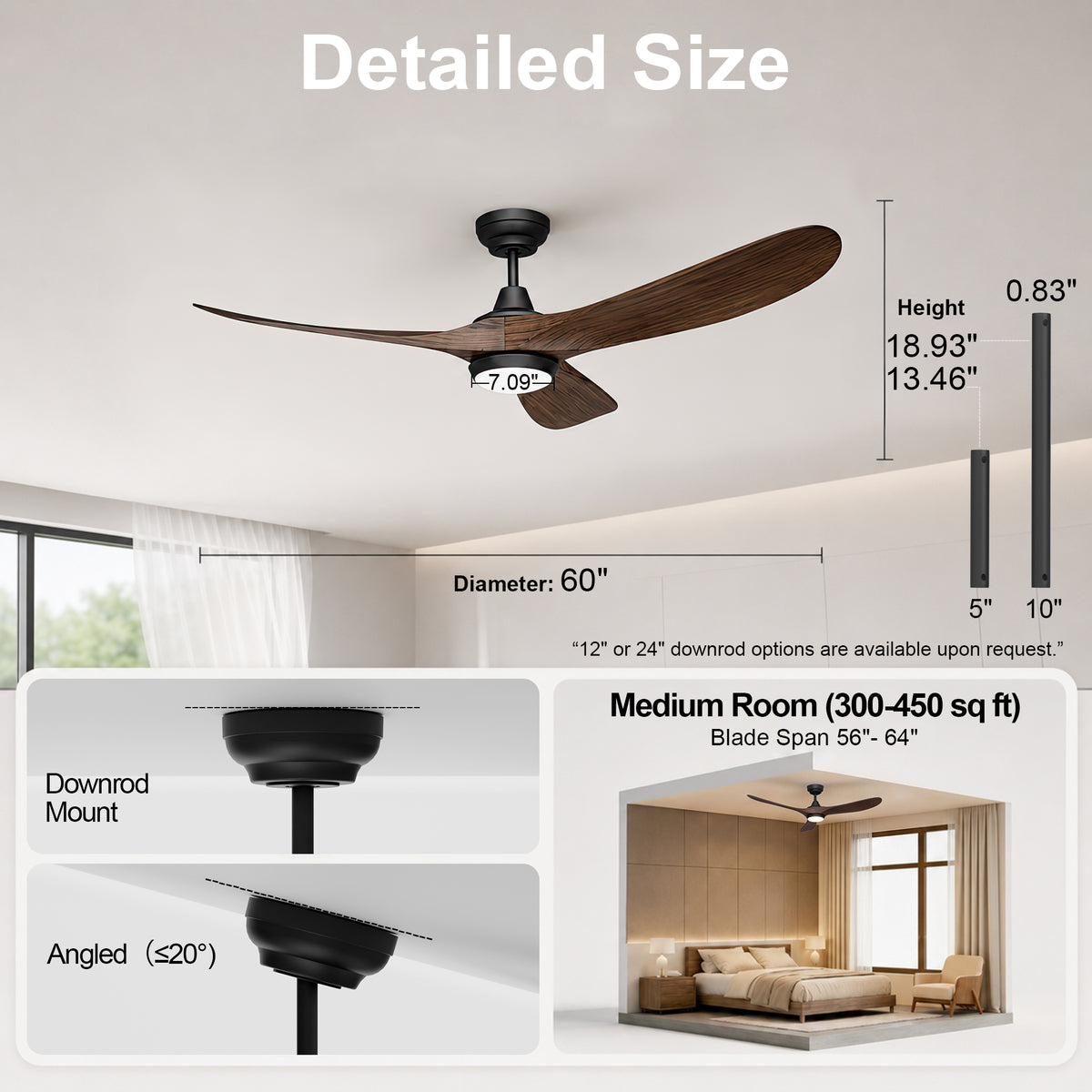 60-Inch Downrod Mount 3-Blade Ceiling Fan with Light and Remote Control