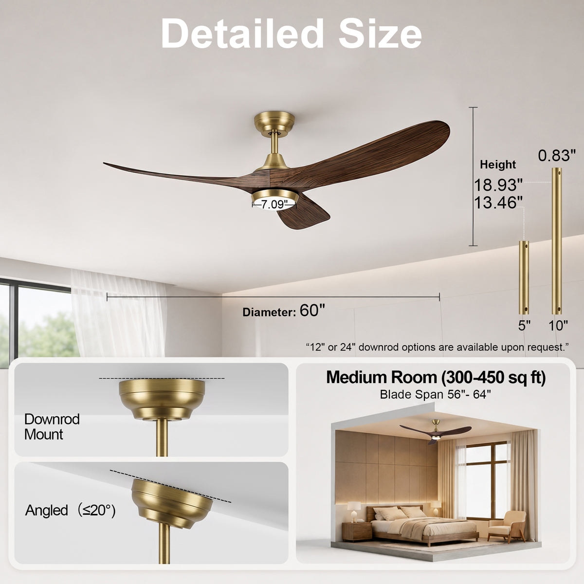 60-Inch Downrod Mount 3-Blade Ceiling Fan with Light and Remote Control