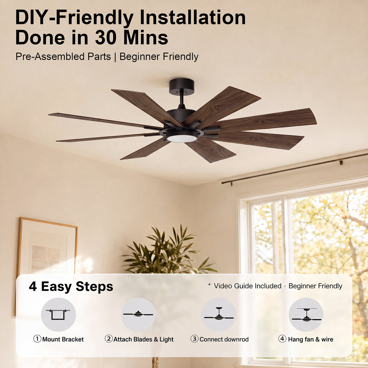 72-Inch Downrod Mount 8-Blade Ceiling Fan with Light and Remote Control