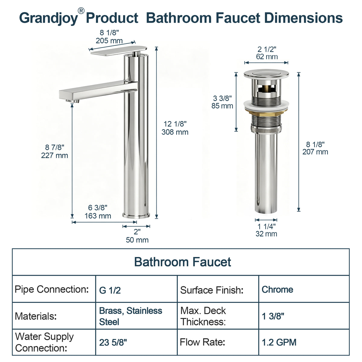 Single-Handle Vessel Bathroom Sink Faucet With Pop-Up Drain