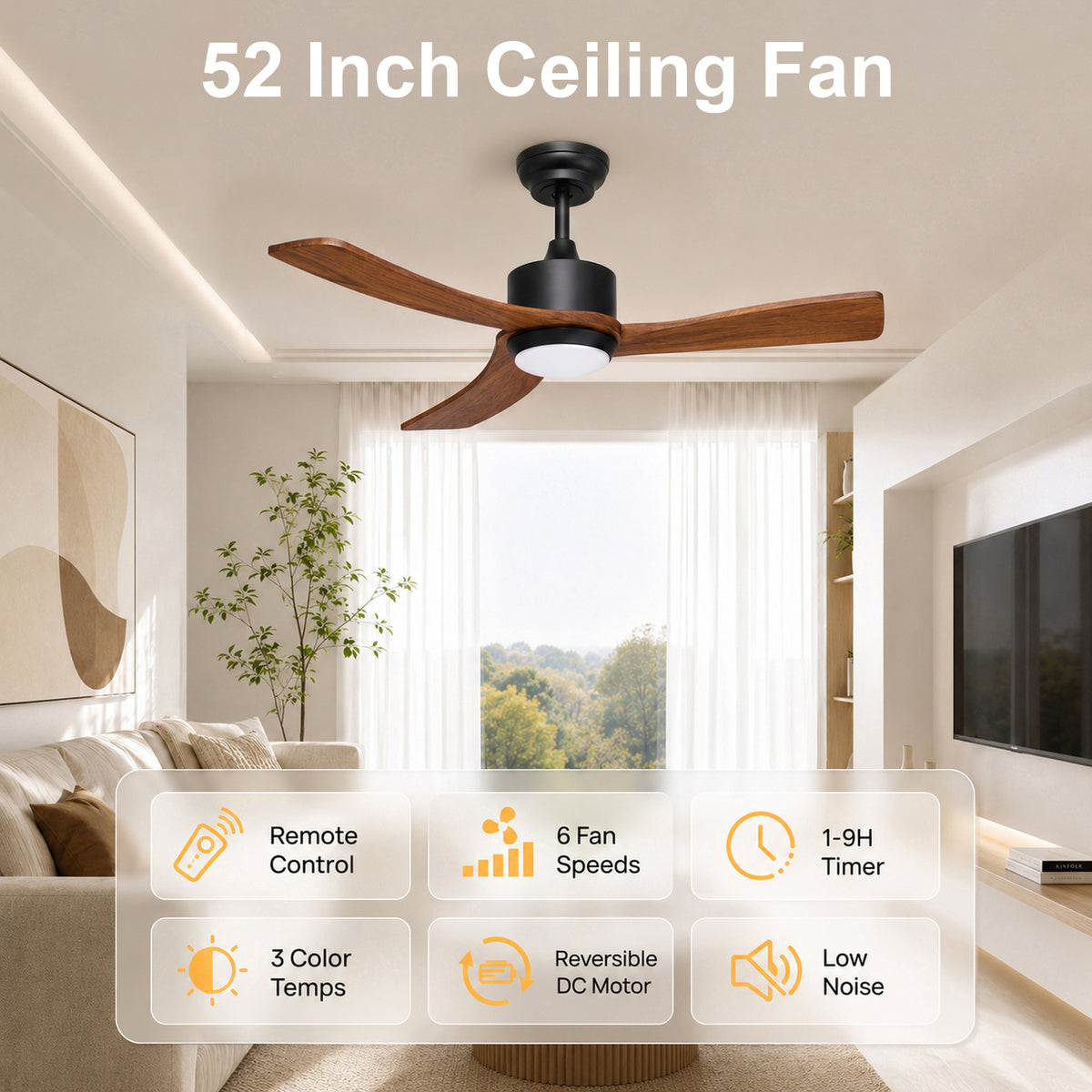 52-Inch Downrod Mount 3-Blade Ceiling Fan with Light and Remote Control