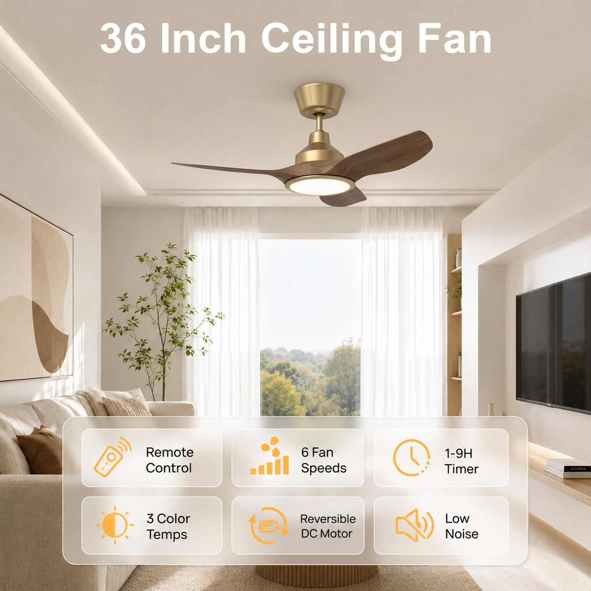 36-Inch Downrod Mount 3-Blade Ceiling Fan with Light and Remote Control
