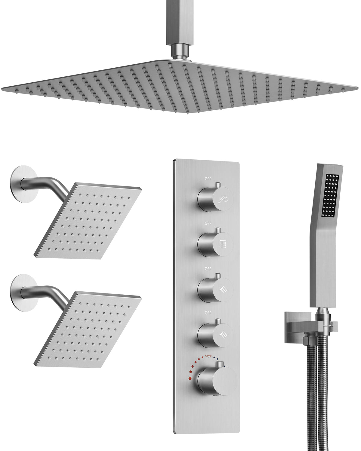 Ceiling-Mounted Triple-Head Shower System with Adjustable Handheld Spray