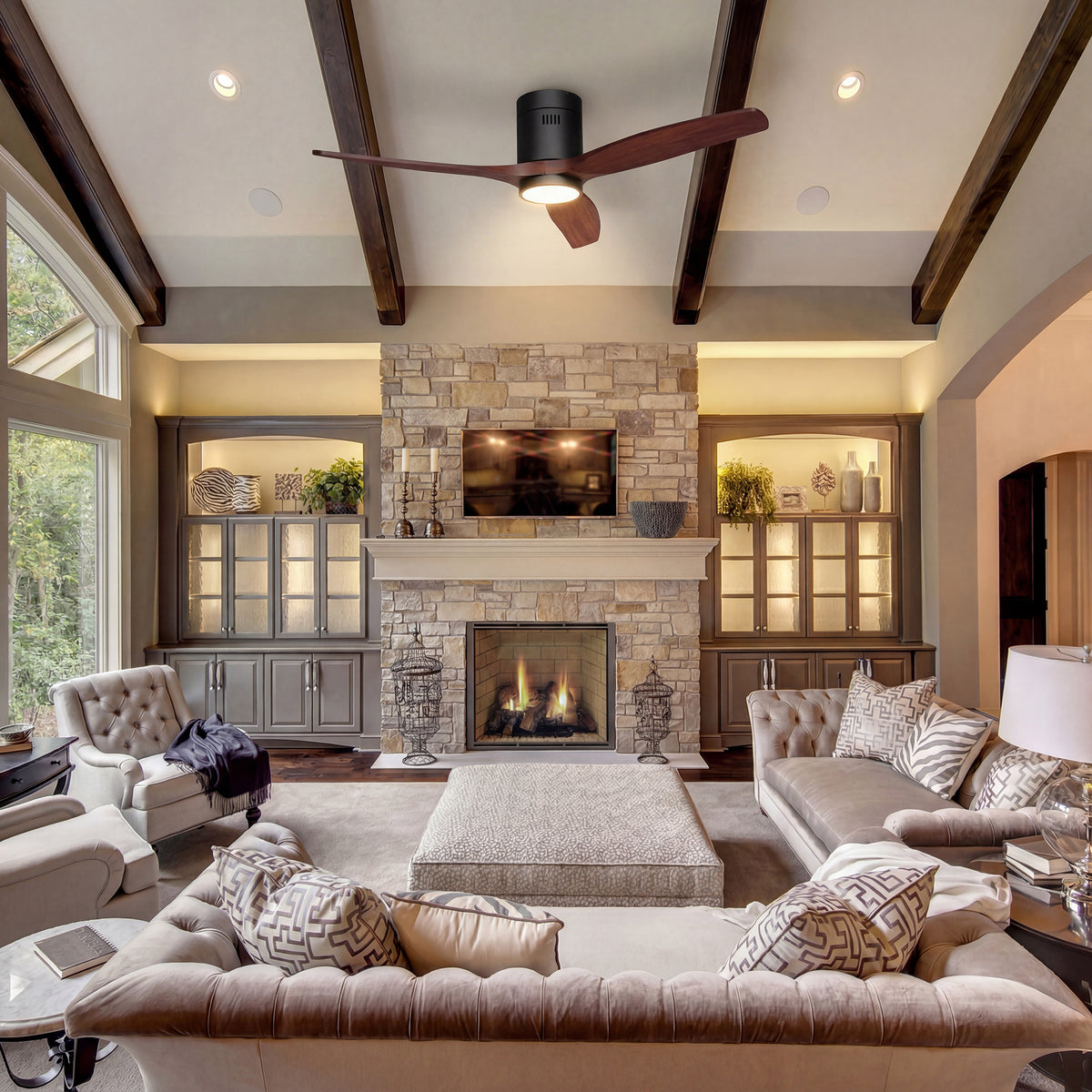 52-Inch Flush-Mount 3-Blade Ceiling Fan with Light, Wall Control and Remote