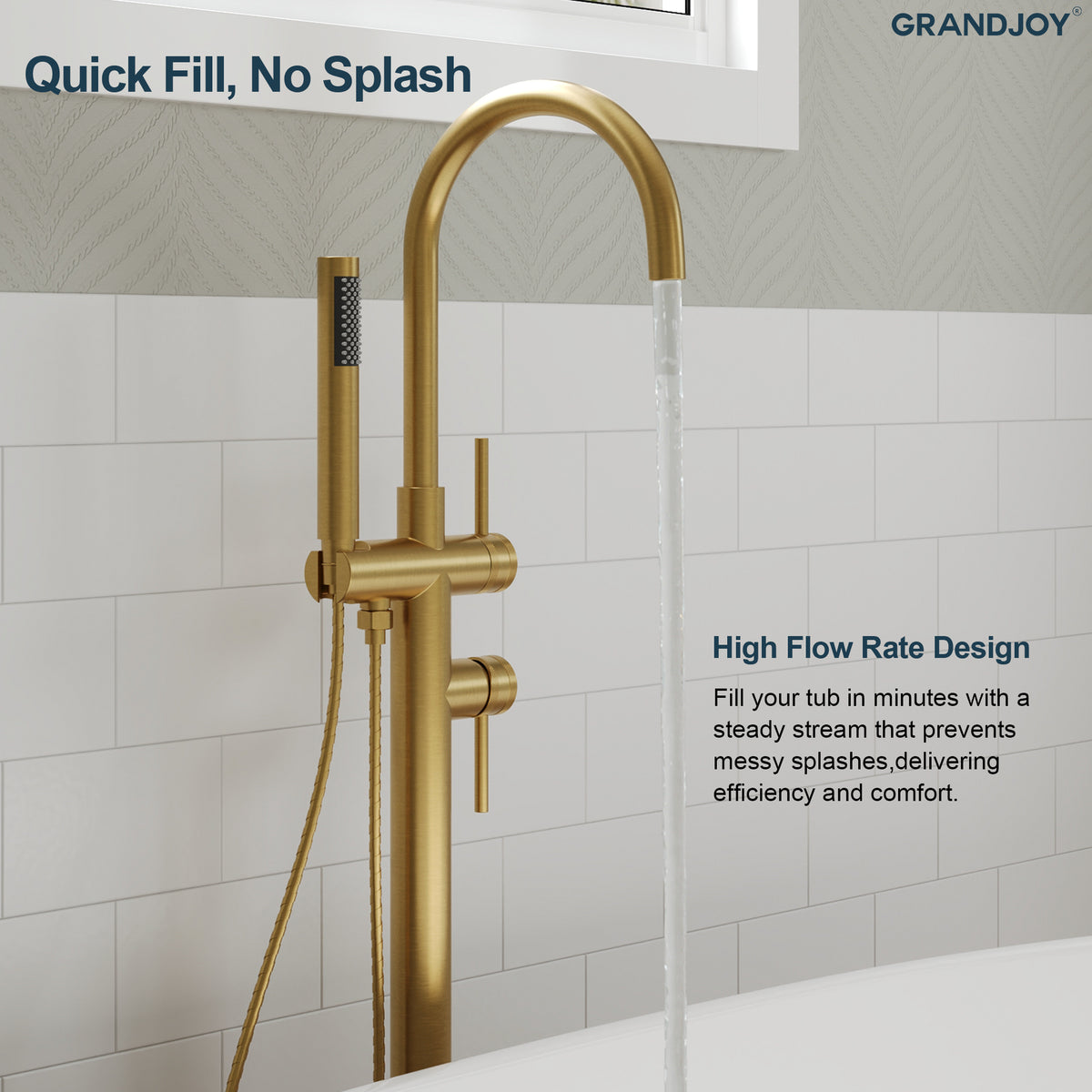 High-Arc Floor-Mounted Freestanding Bathtub Faucet with Hand Shower and Swivel Spout