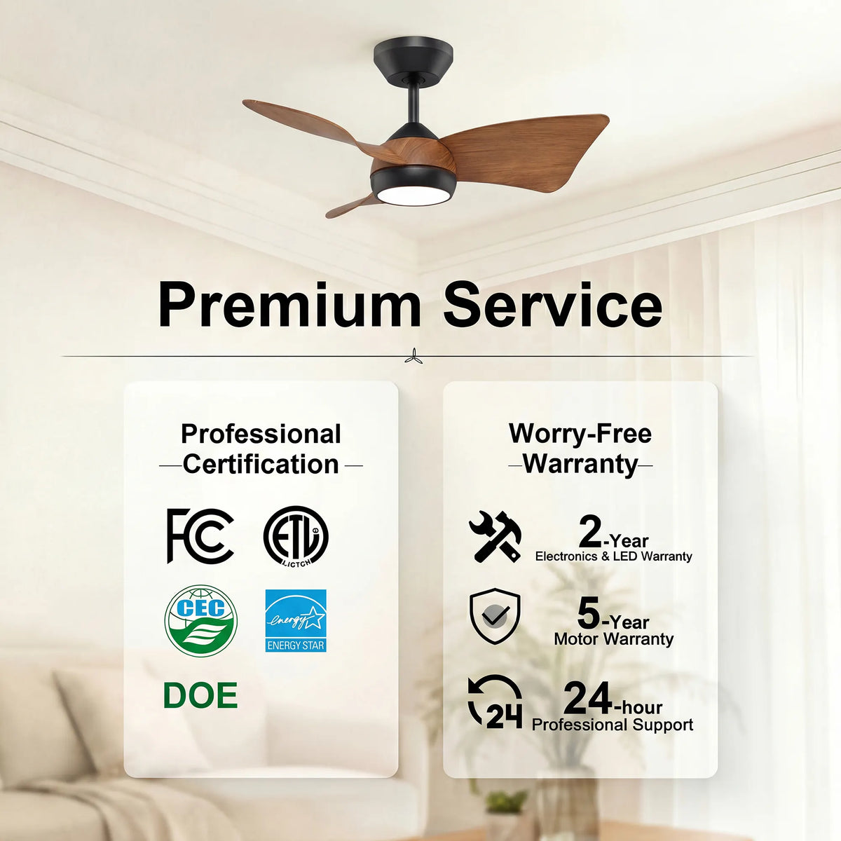 30-Inch Downrod Mount 3-Blade Ceiling Fan with Light and Remote Control