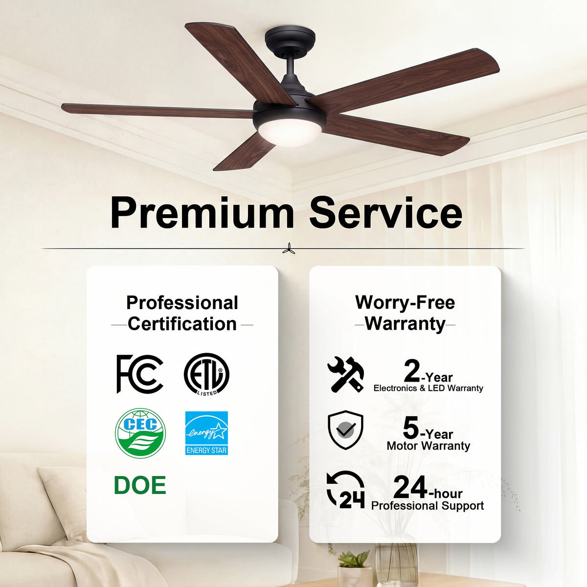48-Inch Downrod Mount 5-Blade Ceiling Fan with Light and Smart Control