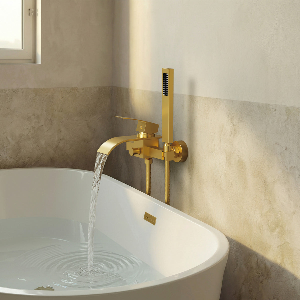 Wall-Mounted Waterfall Bathtub Faucet with Hand Shower and Single Handle