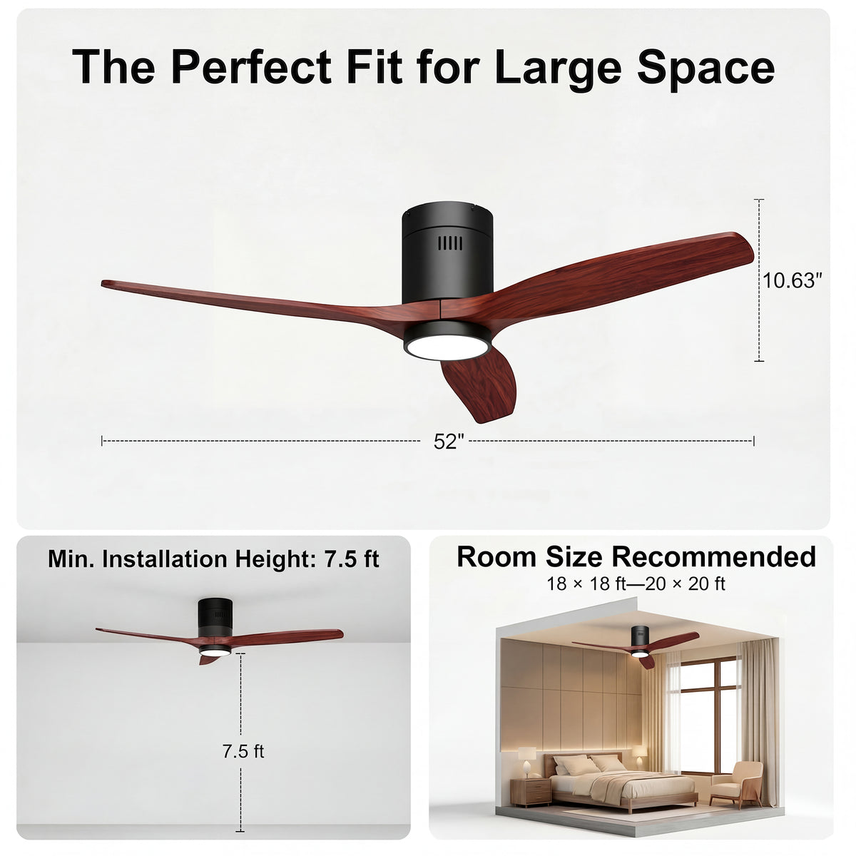 52-Inch Flush-Mount 3-Blade Ceiling Fan with Light, Wall Control and Remote