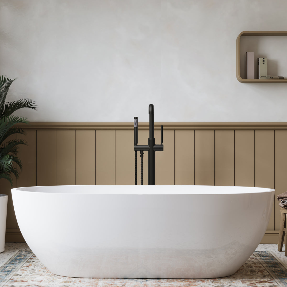 Floor-Mounted Bathtub Faucet with Swivel Spout and Hand Shower