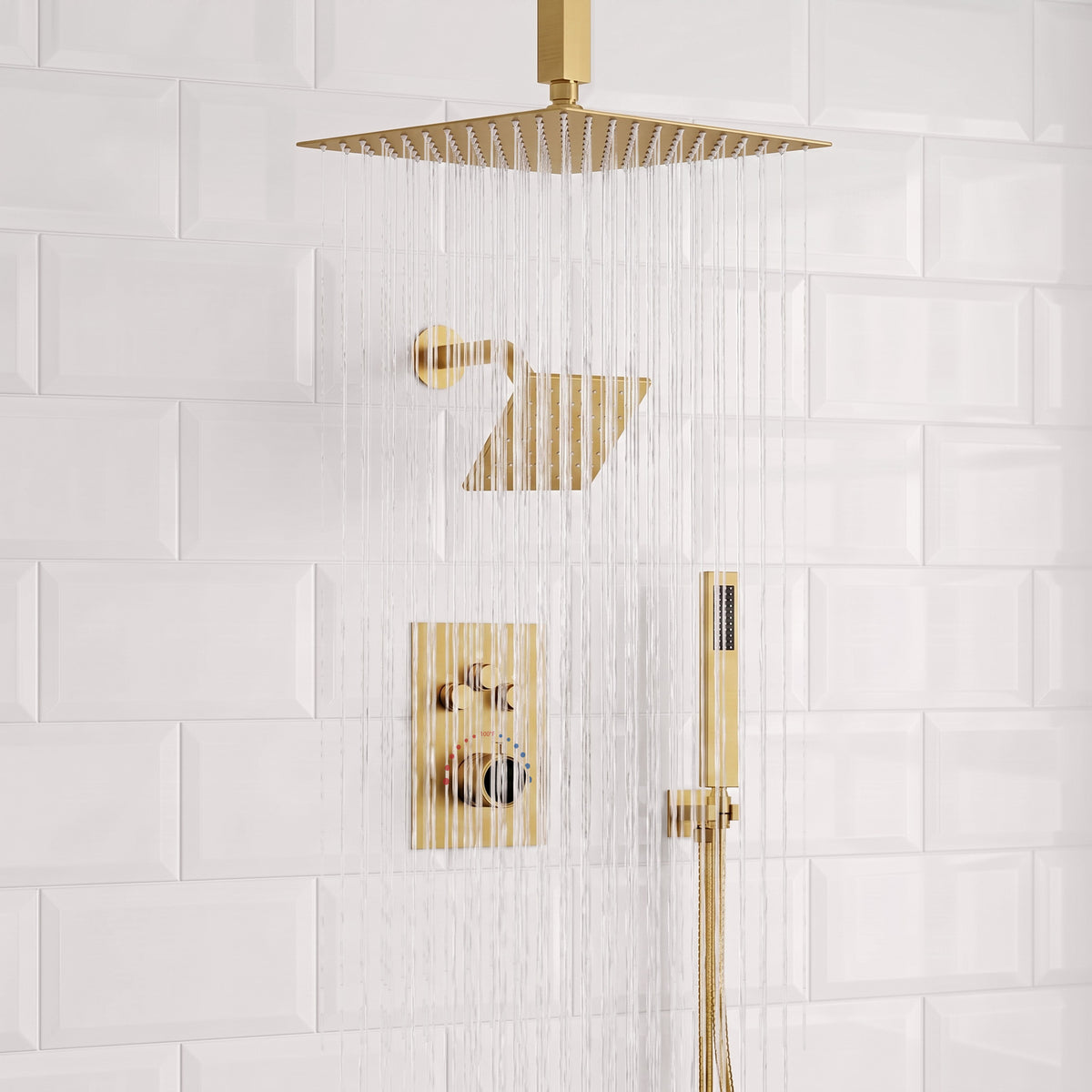 Ceiling-Mounted Dual-Head Shower System with Adjustable Wall Spray and Handheld