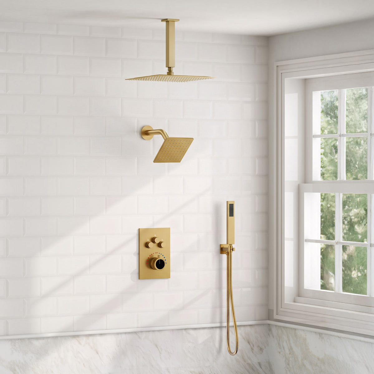 Ceiling-Mounted Dual-Head Shower System with Adjustable Wall Spray and Handheld