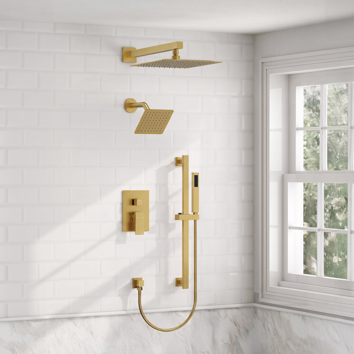Square Wall-Mounted Dual Shower System with Adjustable Handheld