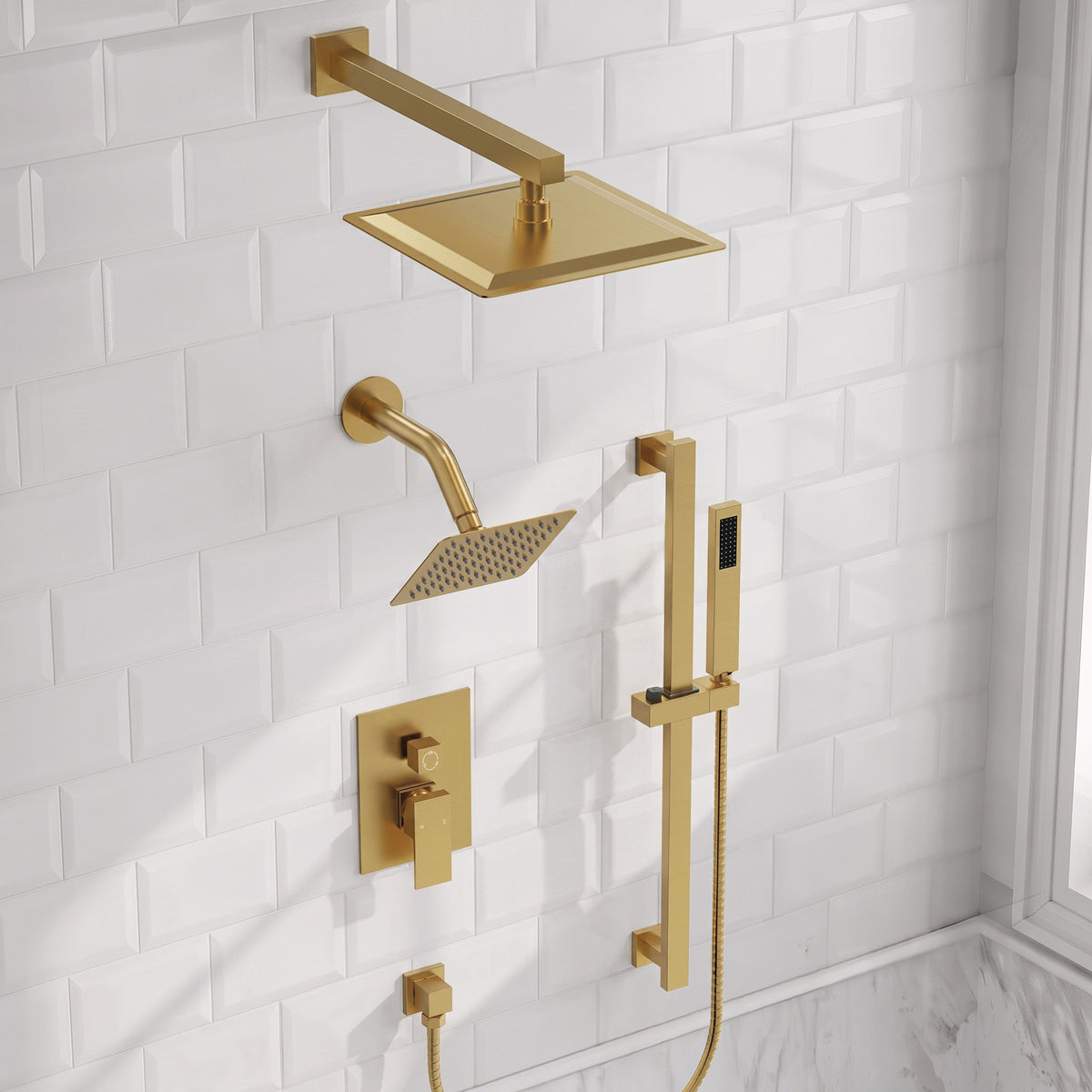 Square Wall-Mounted Dual Shower System with Adjustable Handheld