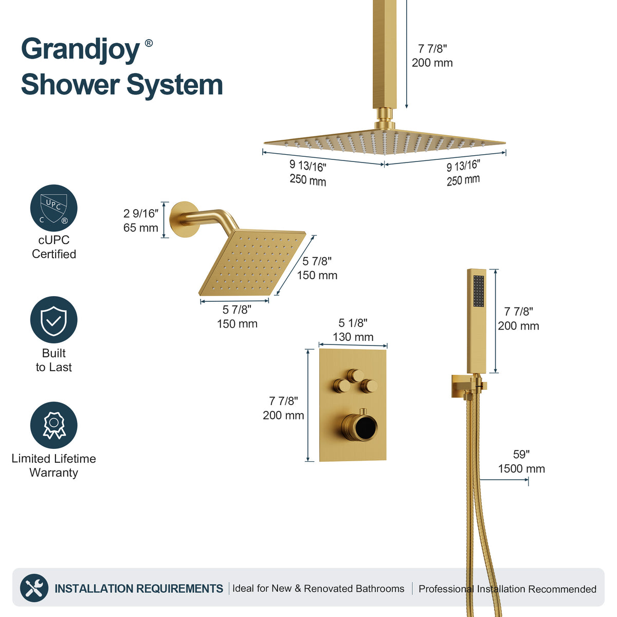 Ceiling-Mounted Dual-Head Shower System with Adjustable Wall Spray and Handheld
